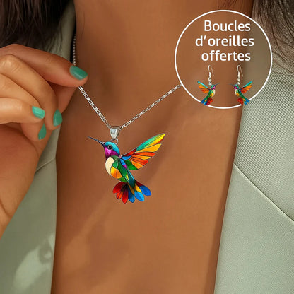 Éloria™ | Collier Colibri Arc-en-Ciel + Boucles d’oreilles assorties offertes